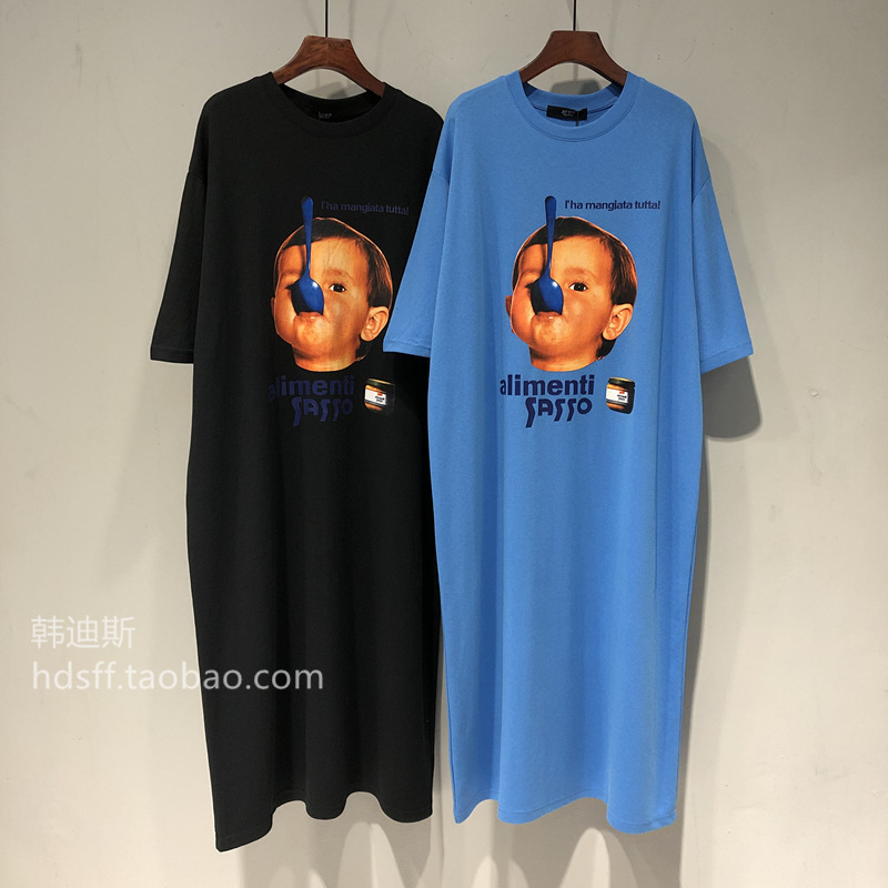 [2026 New Style] Pure Cotton Cute Little Boy Pattern Long Over-The-Knee T-Shirt Dress for Women Summer