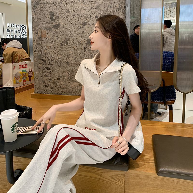 Summer Clothes Are Paired with a Complete Set of New Korean Style Age-Reducing Sports and Casual Short-Sleeved Wide-Leg Pants Two-Piece Set for Women with a High-End Feel