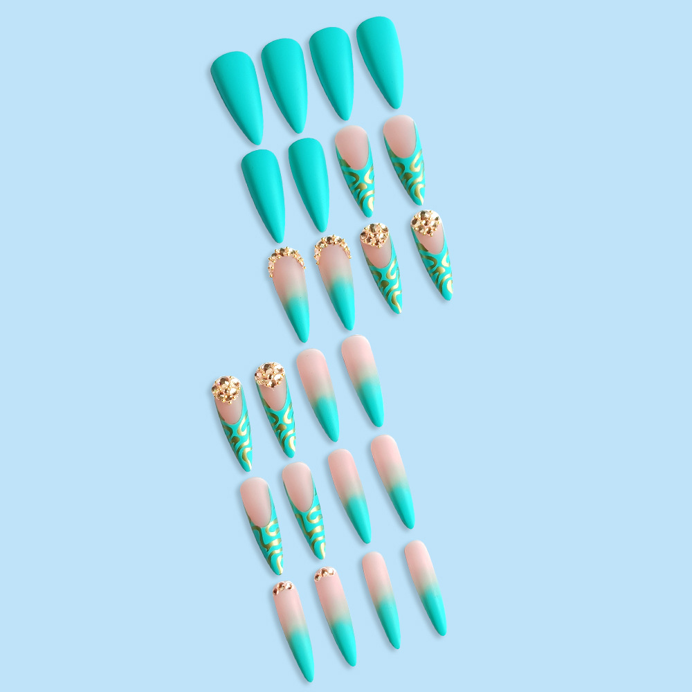 Ventas transfronterizas calientes de manicuras de almendras, uñas largas azules, oro, punto de perforación de uñas, 24 piezas de parche de uñas terminado