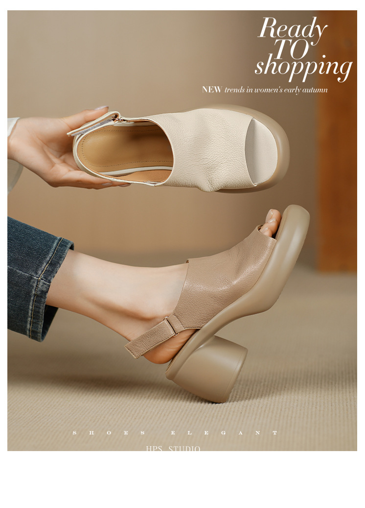 Sandal nữ cao gót mũi hở da cừu quai một từ khóa — màu trắng ngà chi tiết 2
