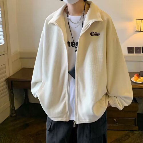 Zippered sweater men's spring and autumn hooded sports cardigan coat fashion brand design loose waffle lapel coat