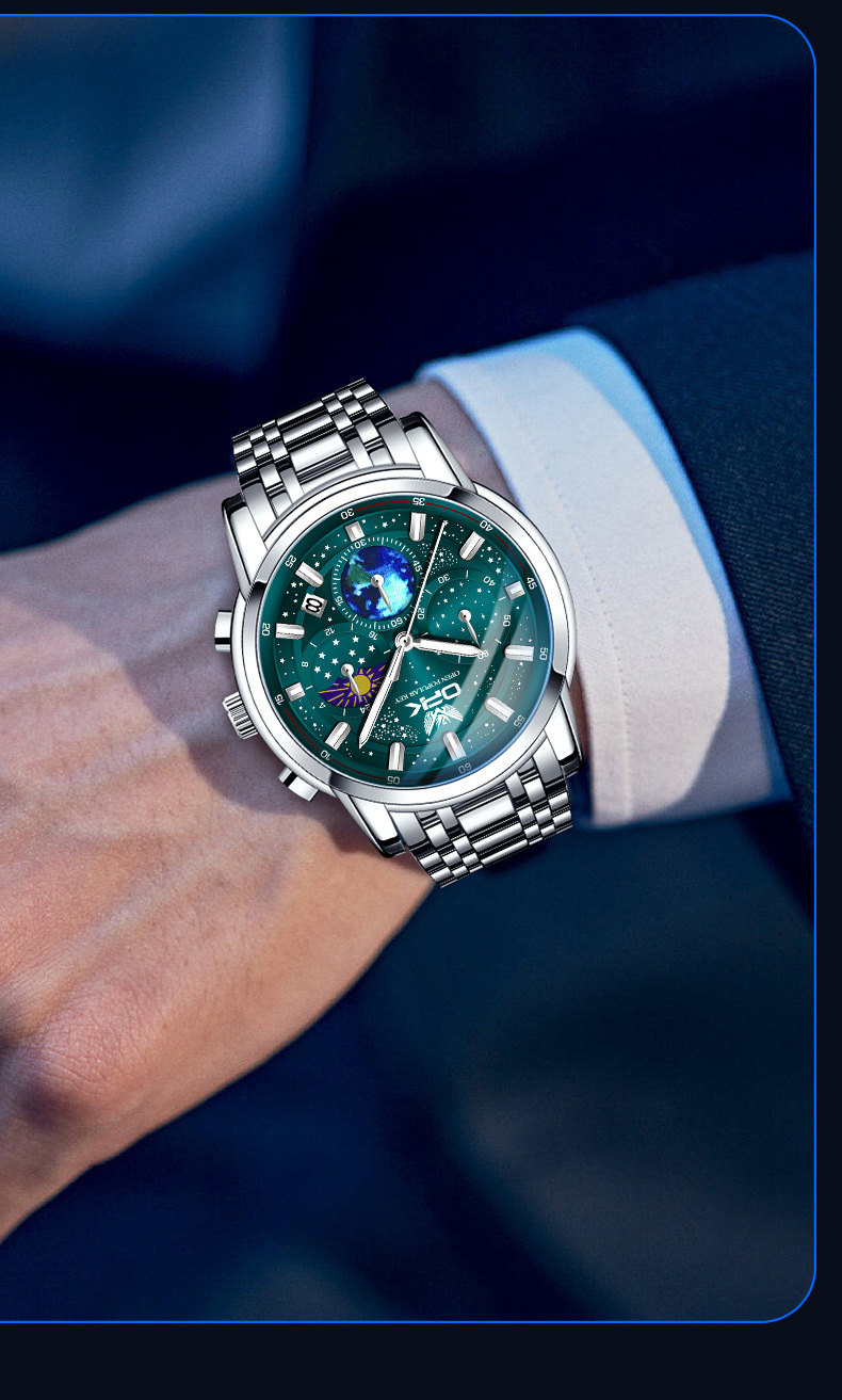 Opk Men's Quartz Watch Moon Phase Chronograph Glow Dial Wristwatch_voghion.com