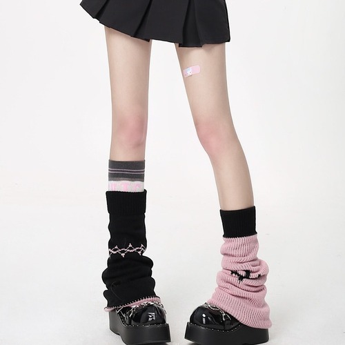 Double-sided lolita leg covers, calf knitted pile socks, black and pink y2k socks, jk personalized color matching socks