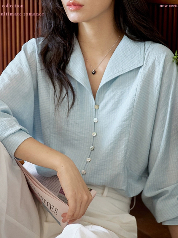 蓝绿色条纹翻领长袖衬衫女秋季2025新款法式复古气质通勤v领上衣|undefined
