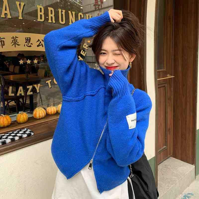 Klein Blue Sweater Outwear Autumn and Winter 2025 New Sweet Style Double Zipper Design Long-Sleeved Knitted Cardigan for Women