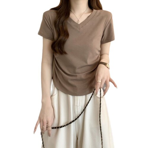 92 cotton small right shoulder V-neck short-sleeved T-shirt for women pure lusty summer solid color waist sweet and spicy slim short top