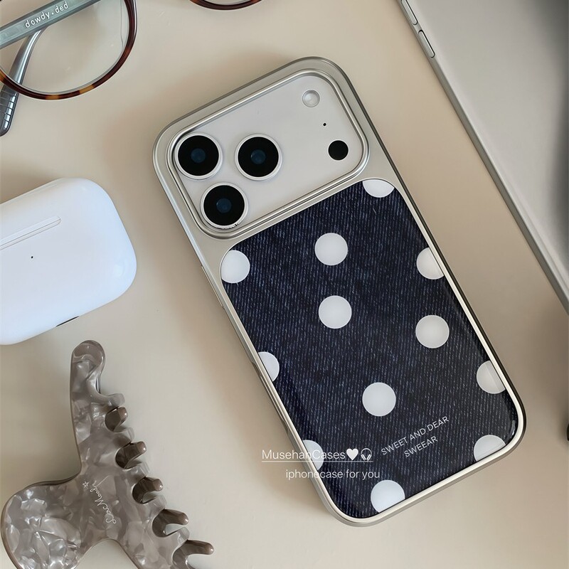 Korean Ins New Retro Denim Pattern Polka Dot Ancient Feeling Glue Shell 16 Apple 17Promax Mobile Phone Case Silver