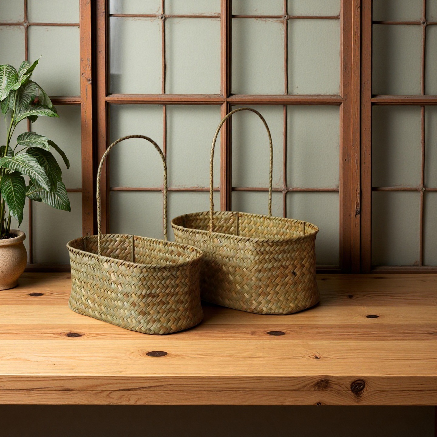 Cesta de flores de ratán de almacenamiento tejido de paja