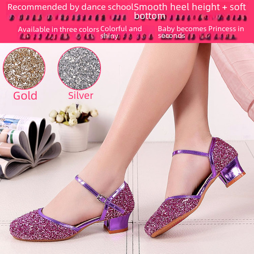 New Children's Latin Dance Shoes for Girls, Soft Sole Practice Shoes, Sparkling Gold Professional Dance Shoes, Princess Dancing Children's Shoes