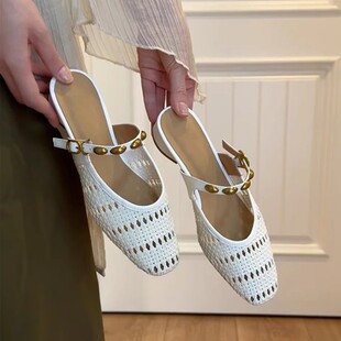 Sheepskin version ~ genuine leather French thick heel temperament woven hollowed-out one pedal baotou half slippers women's muller sandals