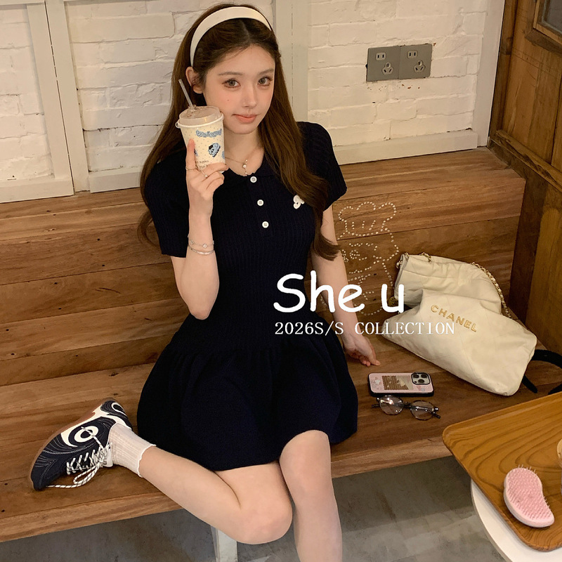 She U Thirteen Lines Korean Style Academy Style Doll Collar Embroidered Dress 2026 Spring Slim Fit Dress