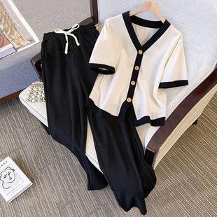 Plus Size Summer Short-Sleeve Outfit Set for Slightly Chubby Women, Fashionable and Age-Reducing, Slimming and Covering, Casual Wide-Leg Pants Two-Piece Set for Women