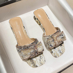 跟拖鞋女夏外穿仙女風ins潮中跟印花復古水鑽涼拖鞋女大碼41一43