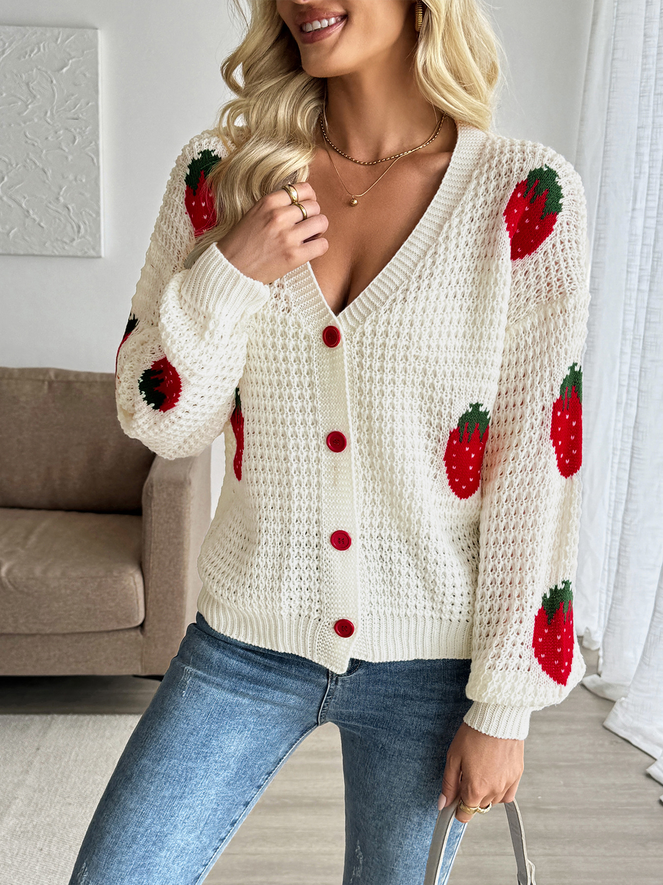Women's Casual Cardigan Sweater With Strawberry Jacquard Pattern, Lightweight Knit Pullover, Open Front Long Sleeve Top For Spring & Fall_voghion.com