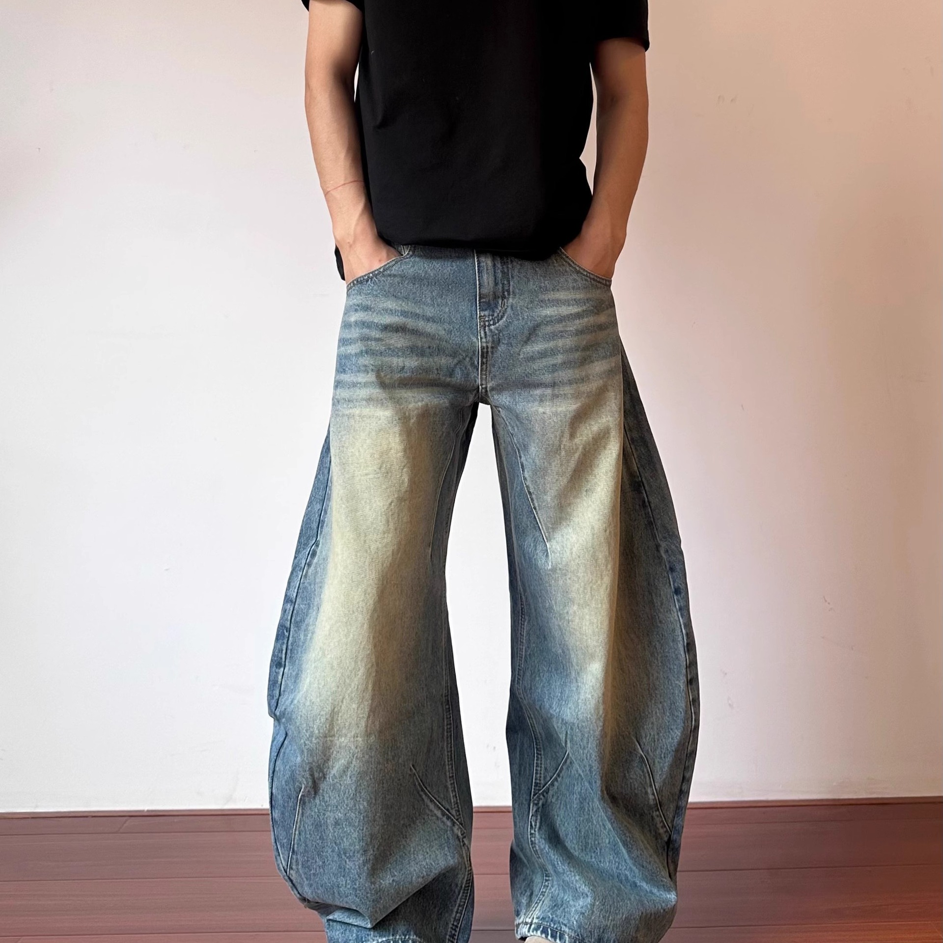 Unisex Wide-Leg Cargo Jeans | Vintage Washed Black & Blue | High-Waisted Relaxed Fit With Utility Pockets (S-3xl)_viptrois.com