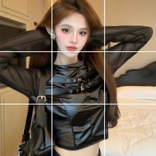 美式辣妹拼接网纱长袖上衣女春季性感热辣短款T恤潮5422