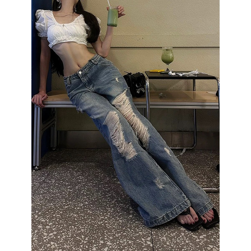 复古水洗蓝色低腰破洞牛仔裤女做旧宽松显瘦直筒阔腿拖地裤|undefined
