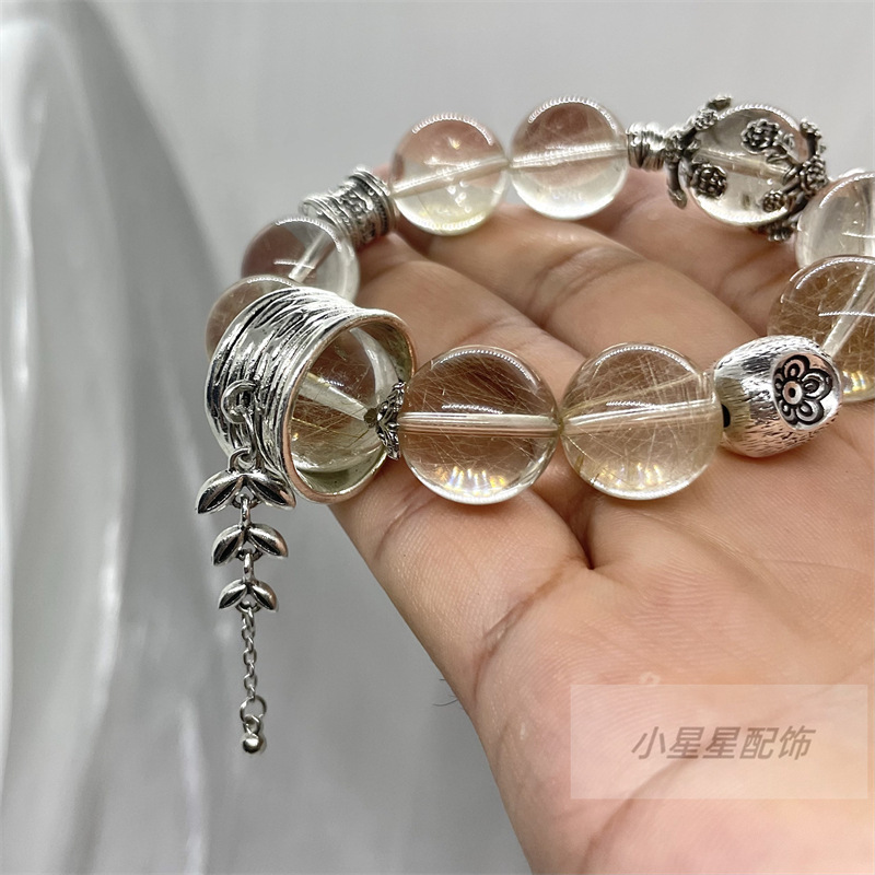 水晶配饰复古合金仿银做旧工艺古典开口戒指树叶流苏提溜配件|undefined