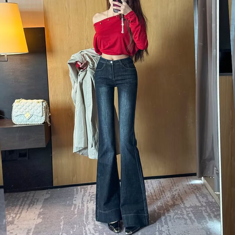 Dark Blue High-Waisted Slightly Flared Jeans for Women, 2025 Autumn and Winter New Style, Plus-Size, Slim-Fit, Flattering Bootcut Pants