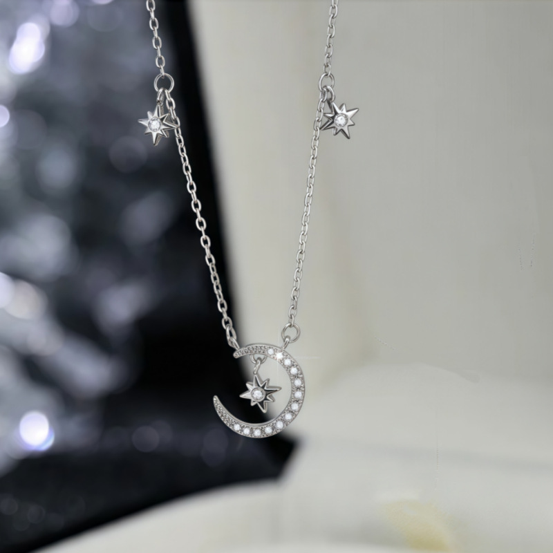 銀貝銀河、星と月が輝く、フルダイヤモンドスターリングシルバーネックレス、女性用、軽い高級感、ハイエンド、ファッショナブルで多用途なペンダント鎖骨チェーン|undefined