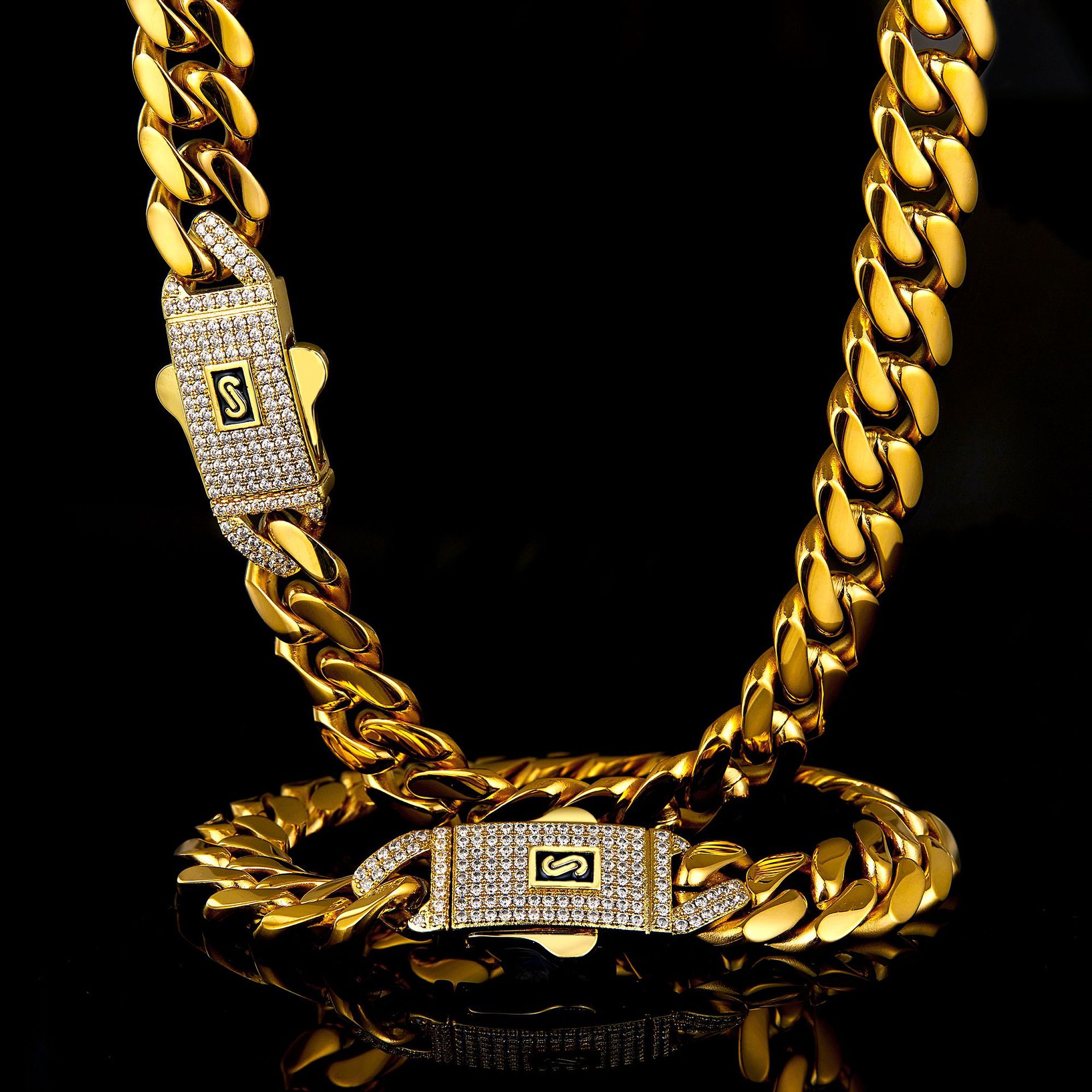 Polishing, Plating, Inlay Design Hip-Hop Classic Style Solid Color 304 Stainless Steel Polishing Plating Inlay Zircon 18K Gold Plated Men's Necklace Men Chain Necklaces