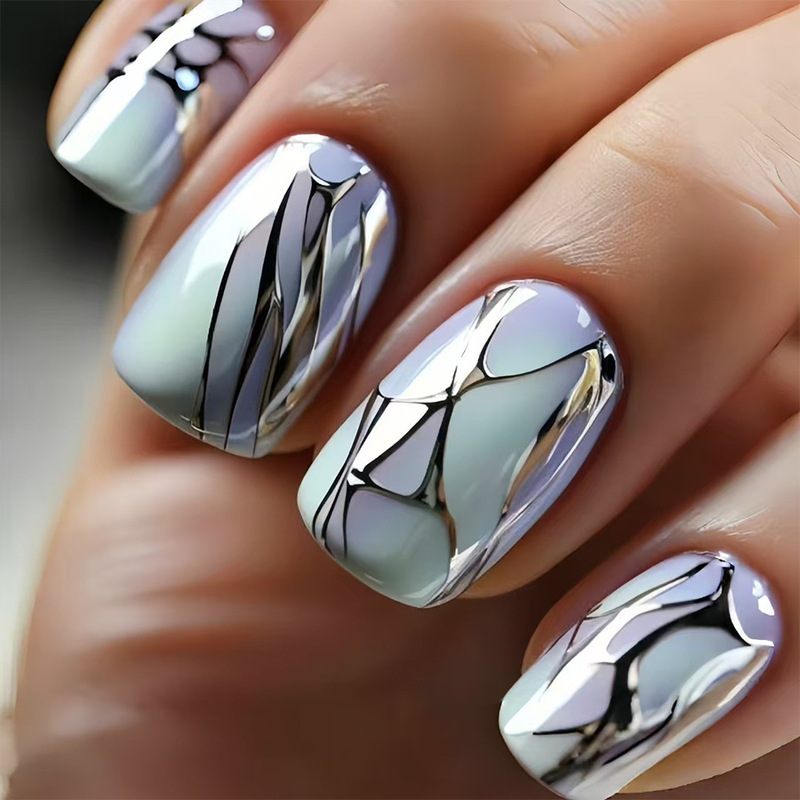 Mirror-Like Metallic Crushed Ice Texture Wearable Nails, Gradient Blue-Purple Hot Girl Style Short Fake Nail Tips Wholesale Mirror-Like Metallic Crushed Ice Texture Wearable Nails, Gradient Blue-Purple Hot Girl Style Short Fake Nail Tips Wholesale