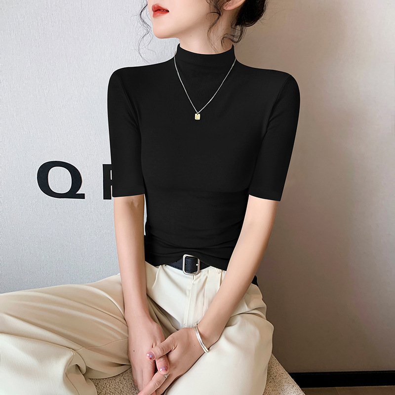 モーダル半袖 Tシャツレディースハーフタートルネックボトリングシャツ 2025 夏の新ファッション多用途黒スリムトップ|undefined