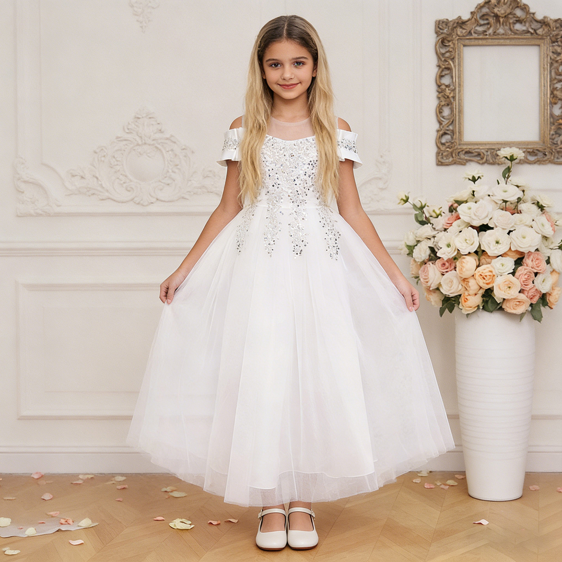 AliExpress Vestido para niños Vestido de princesa Vestido de fiesta de niña de flores de tela forjada de moda Vestido de noche de un año de bebé