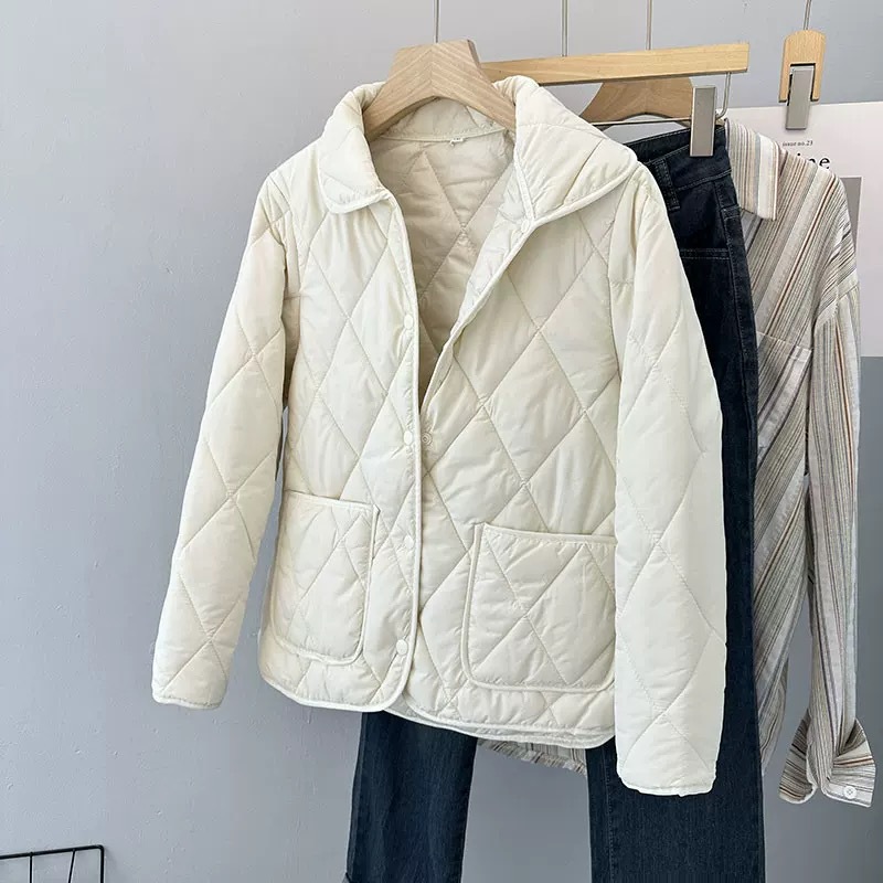 新款翻领菱格棉衣女短外套棉服休闲时尚米白色黑色卡其