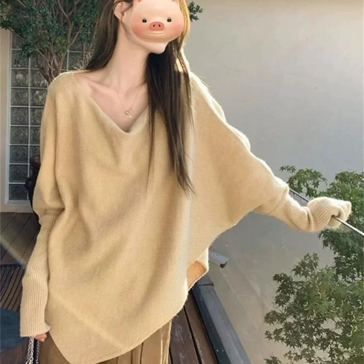 时髦气质蝙蝠袖时尚毛衣女秋季新款慵懒风宽松显瘦荡领长袖针织衫|undefined