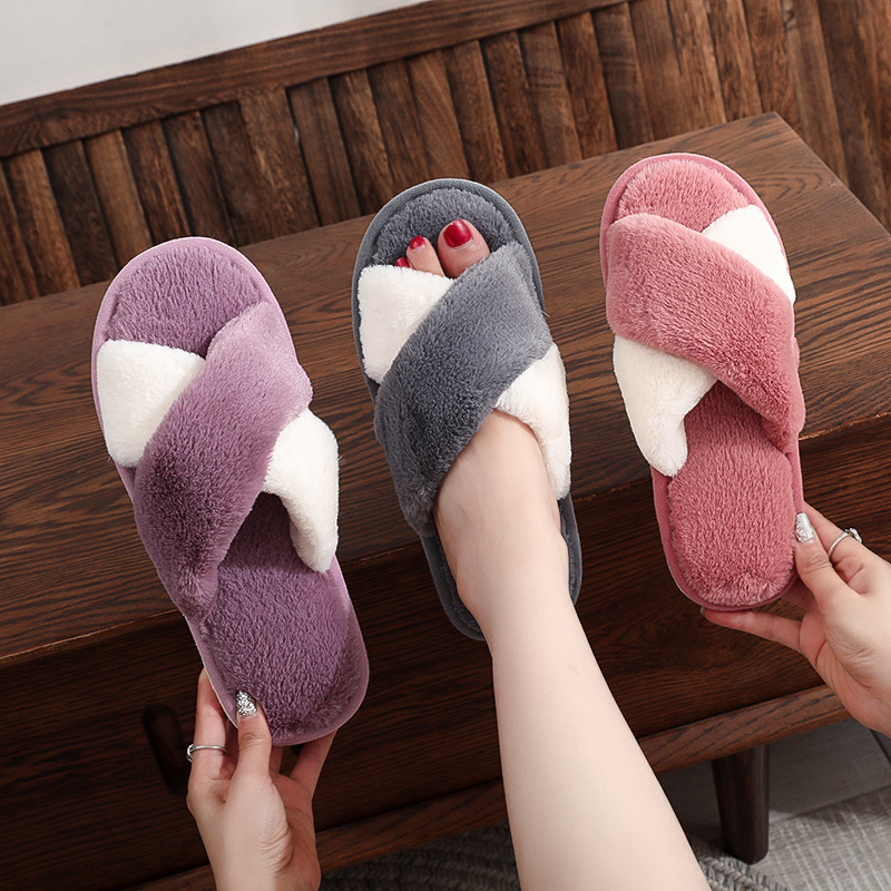 2024 new women's home non-slip warm household slippers couples men's winter factory wholesale rabbit fur open cotton slippers
