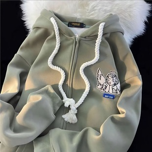 American Vintage Niche Design Zipper Jacket Loose Ins Trendy Street Velvet Cardigan Hooded Sweatshirt for Women