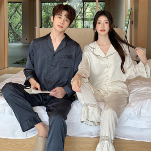 Couple Pajamas 2025 Spring and Autumn Men's New Ice Silk Long Sleeve Trousers suit Thin Women's Home Clothes Wholesale