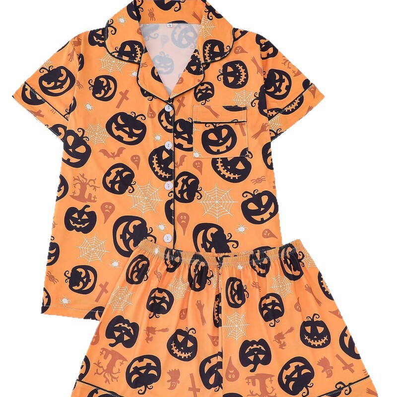 越境貿易 ハロウィン レディース 半袖 ショートパンツ 欧米風 パジャマセット カーディガン 襟付き ホームウェア ゆったり 快適|undefined