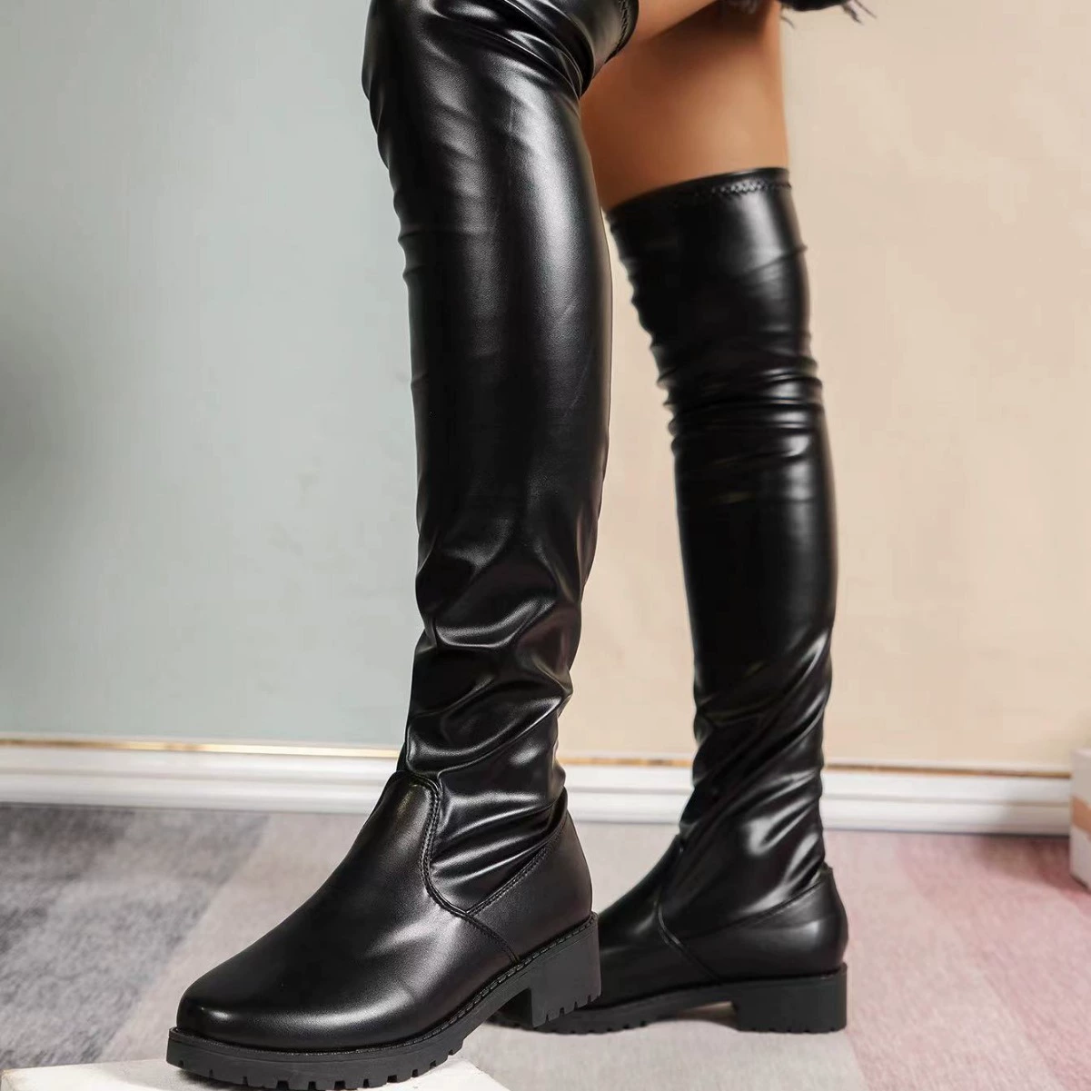 Over‑knee boots, elastic shaft, black, sizes 35–43