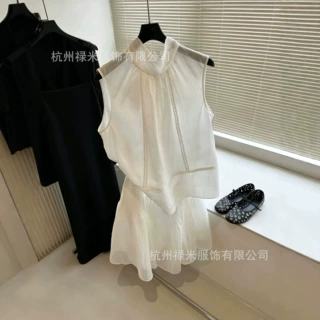 衣录优雅又甜美休闲出游风飘带挂脖白色无袖亚麻刺绣上衣一件代发