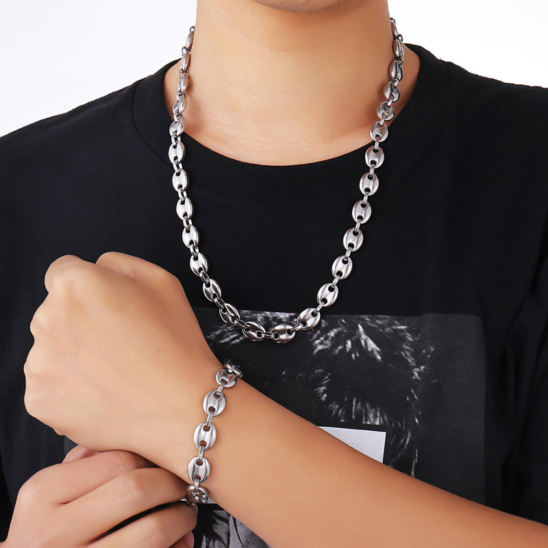 Edelstahl Kaffeebohnenketten Halskette Und Armband Set Silber_voghion.com