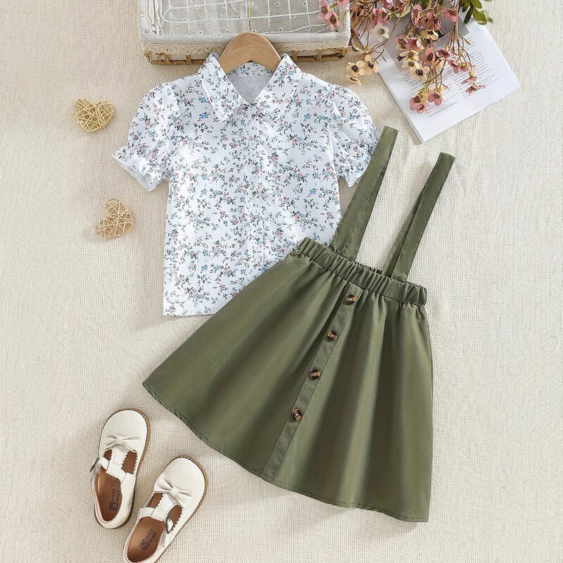 2025 new girls suit summer western style children's fresh pastoral floral shirt two-piece strap skirt 2025 new girls suit summer western style children's fresh pastoral floral shirt two-piece strap skirt