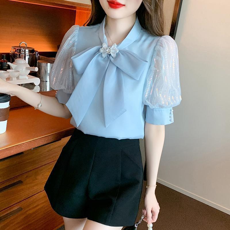 宫廷风雪纺短袖衬衫女士夏季减龄洋气小衫2025新款爆款泡泡袖上衣|undefined