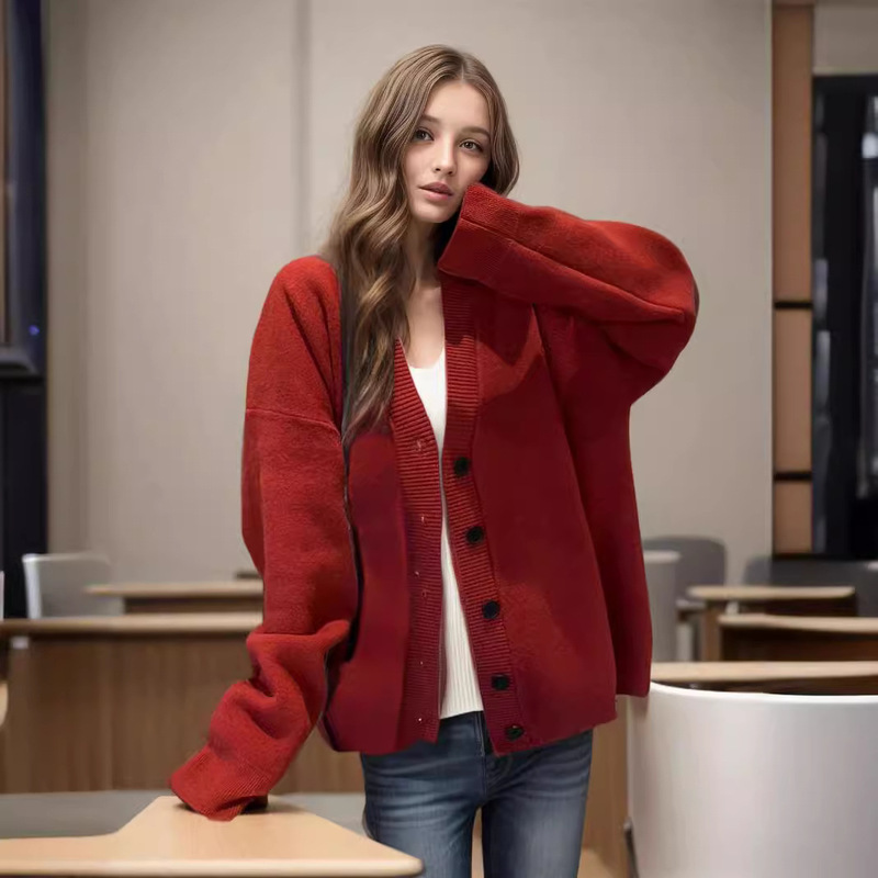 Cross-border Foreign Trade Winter European and American V-neck Knitted Love Embroidered Cardigan Women's Solid Color plus size Women's Knitted Sweater Sweater Cross-border Foreign Trade Winter European and American V-neck Knitted Love Embroidered Cardigan Women's Solid Color plus size Women's Knitted Sweater Sweater