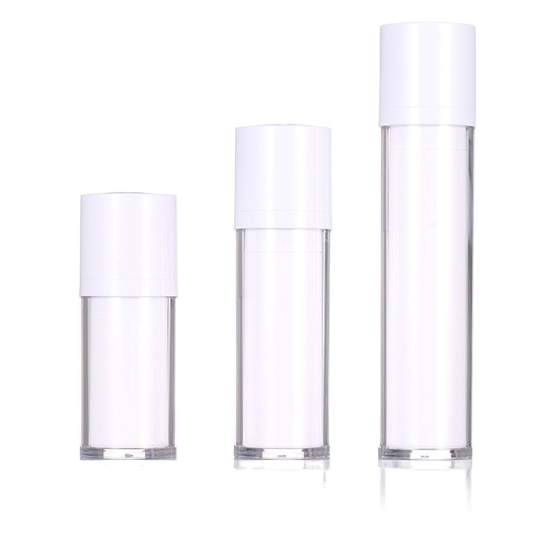 En stock base líquida vacío sub-botella de loción al vacío de doble capa prensa recta redonda giratoria botella de vacío