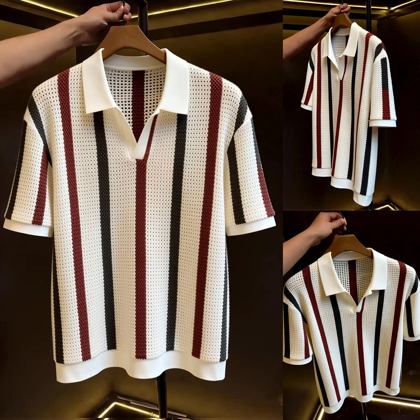Polo camiseta de punto camiseta de manga corta camiseta hombre gaviota cuello V rayas viejas líneas de viento de verano fábrica transfronteriza al por mayor
