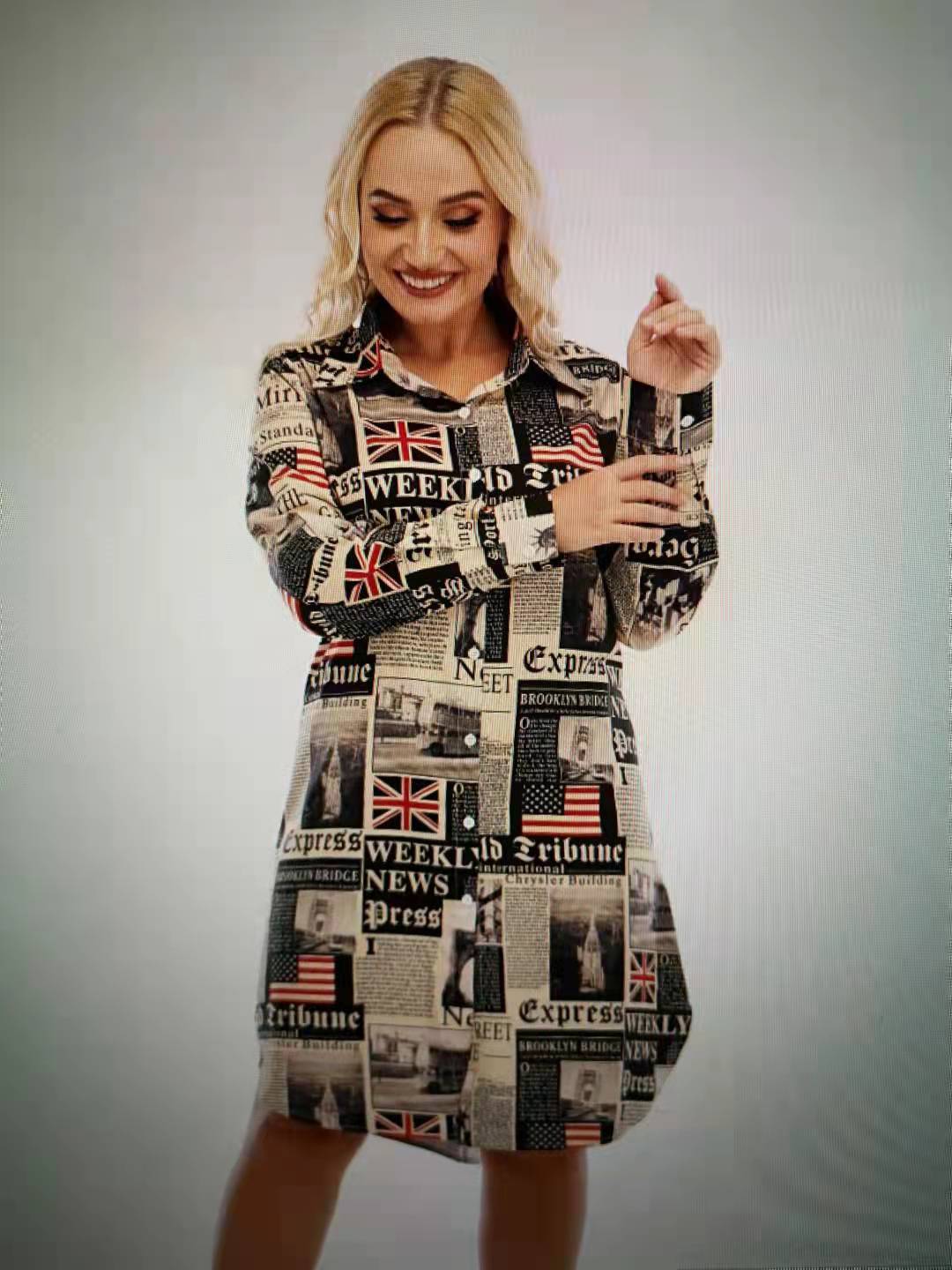 plus size newspaper printed long-sleeved shirt dress nihaostyles clothing wholesale NSCX84792