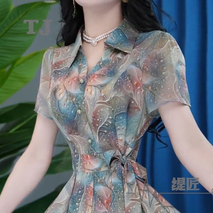 Fashionable Short-sleeved dress Women's 2024 Summer New Elegant Lace-up Waist Slimming Mid-length Casual Printed Skirt