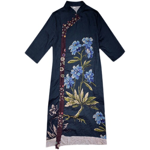 Improved black floral qipao dress Chineses Dresses Retro Qipao For women girls  printing temperament elegant loose irregular wind hanfu tang suit