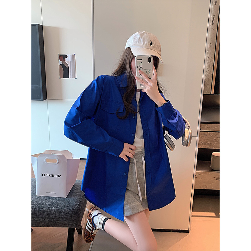 Klein Blue Shirt Women's Spring & Fall New Korean Style Retro Hong Kong Style Loose Casual Boyfriend Style Shirt