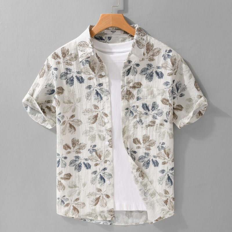 Summer New Style Handsome Short-Sleeved Printed Shirt for Men, Casual Loose Beach Vacation Floral Trendy Lyocell Shirt