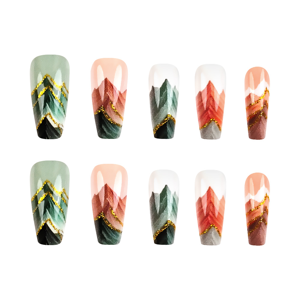 Comercio exterior paisaje polvo de brillo desgaste de uñas nuevas ventas de estilo chino de uñas 24 piezas de uñas falsas transfronterizas al por mayor