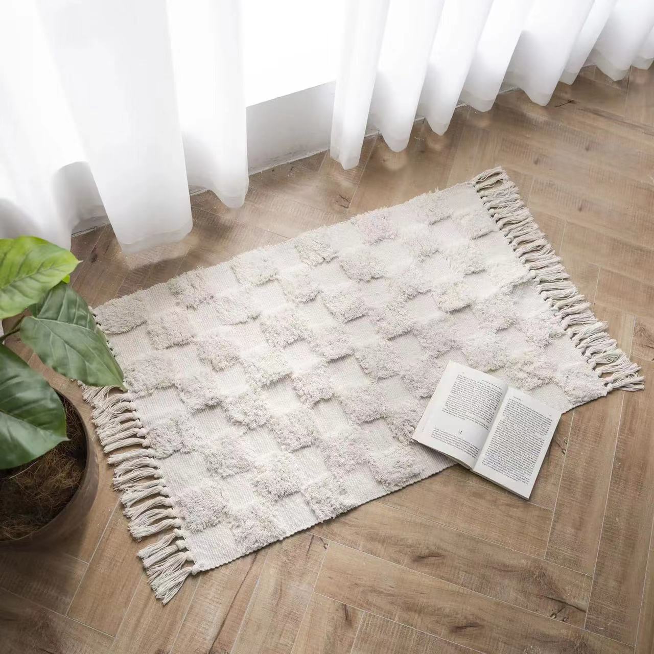New Retro Nordic Style Tassel Carpet Cotton Thread 3D Tufted Bedroom Bedside Rug Handmade_voghion.com