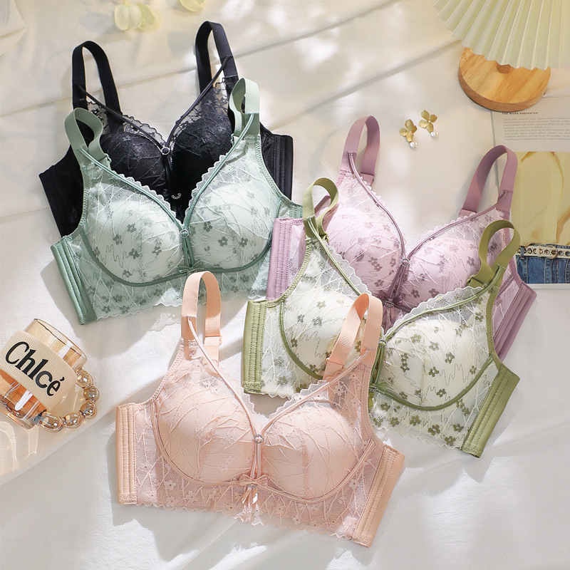 Non-Magnetic Underwear Women's Mid-Thick Push-Up Bra Floral Lace Bra Bamboo Charcoal Fiber Temperature-Variable Curing Adjustable Bra